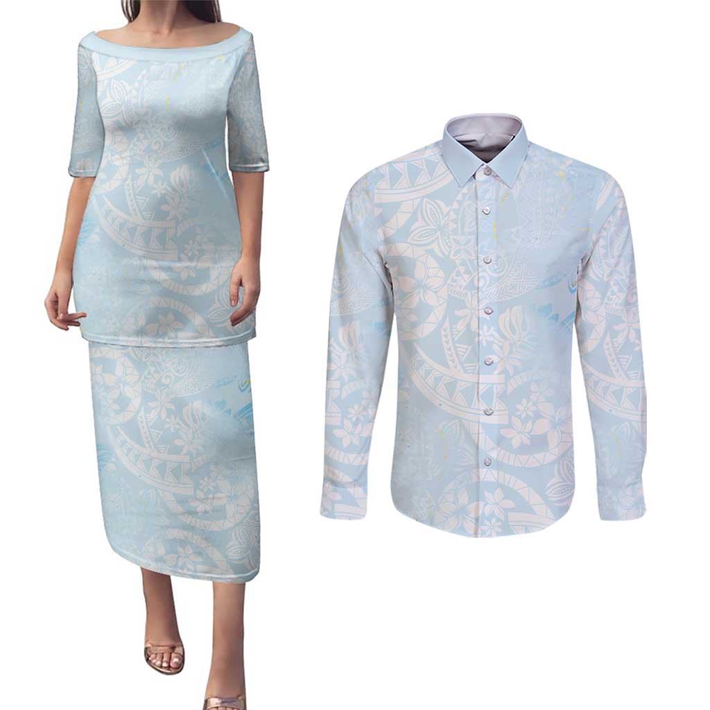 Polynesian Tiare Monstera Baby Blue Couples Matching Puletasi and Long Sleeve Button Shirt Liquid Style LT01 Blue - Polynesian Pride