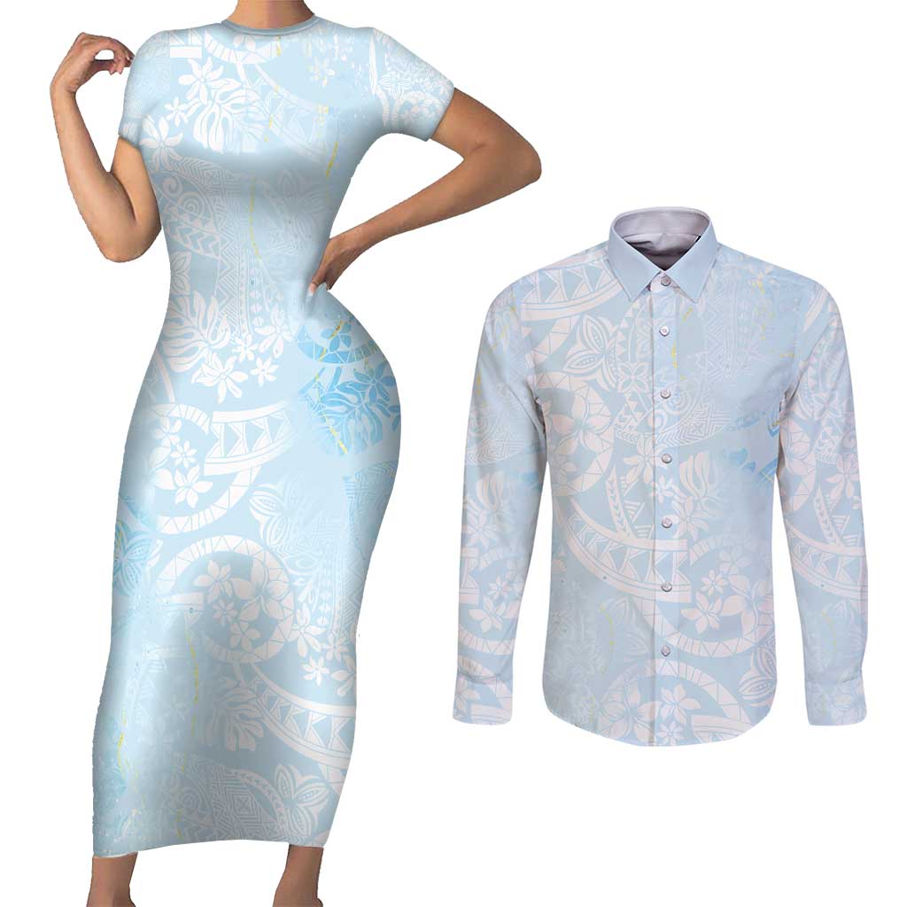 Polynesian Tiare Monstera Baby Blue Couples Matching Short Sleeve Bodycon Dress and Long Sleeve Button Shirt Liquid Style - Polynesian Pride