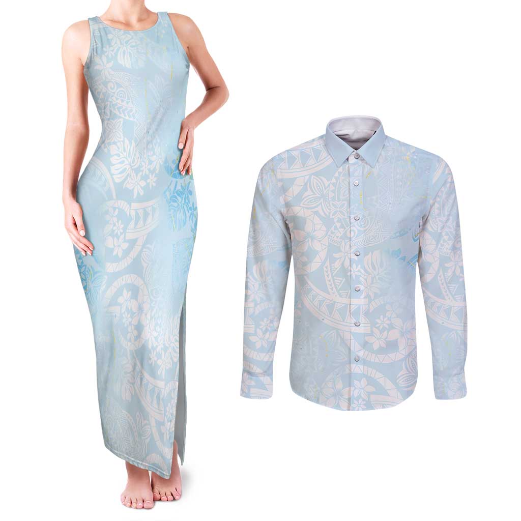 Polynesian Tiare Monstera Baby Blue Couples Matching Tank Maxi Dress and Long Sleeve Button Shirt Liquid Style LT01 Blue - Polynesian Pride
