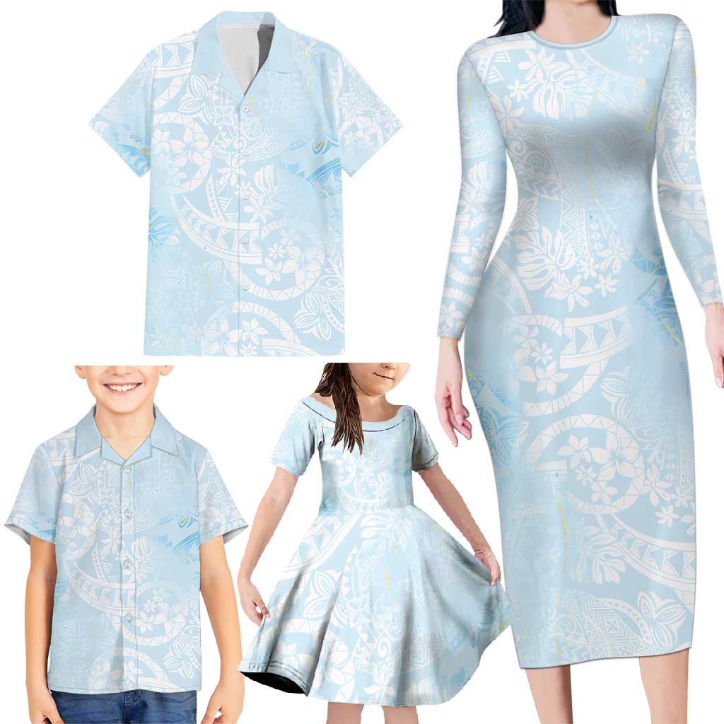 Polynesian Tiare Monstera Baby Blue Family Matching Long Sleeve Bodycon Dress and Hawaiian Shirt Liquid Style LT01 - Polynesian Pride