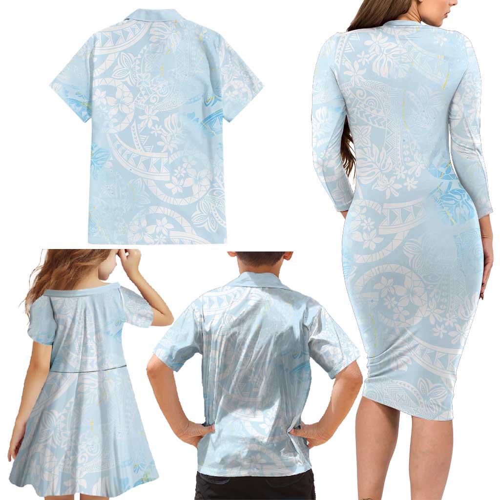 Polynesian Tiare Monstera Baby Blue Family Matching Long Sleeve Bodycon Dress and Hawaiian Shirt Liquid Style LT01 - Polynesian Pride