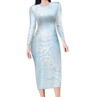Polynesian Tiare Monstera Baby Blue Family Matching Long Sleeve Bodycon Dress and Hawaiian Shirt Liquid Style LT01 Mom's Dress Blue - Polynesian Pride