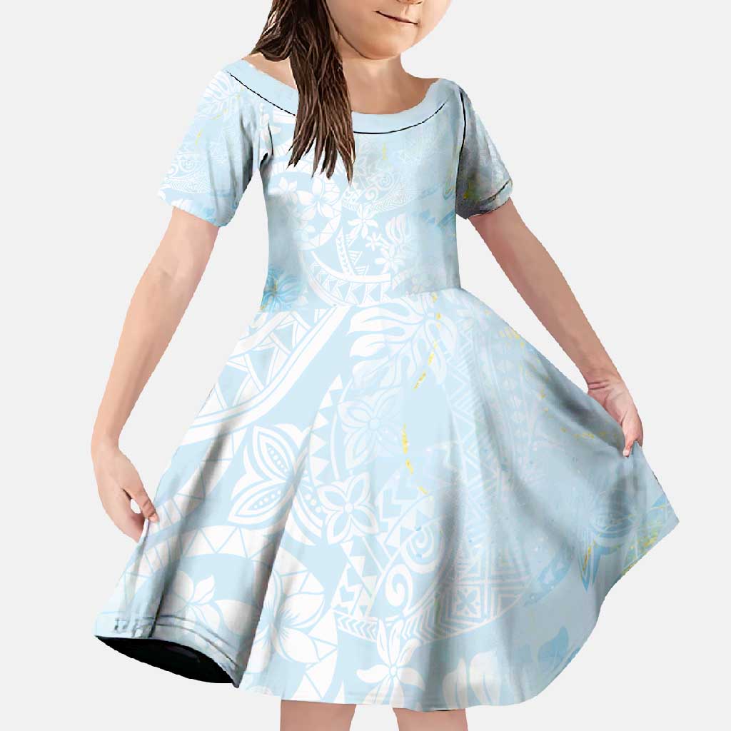 Polynesian Tiare Monstera Baby Blue Family Matching Mermaid Dress and Hawaiian Shirt Liquid Style LT01 Daughter's Dress Blue - Polynesian Pride