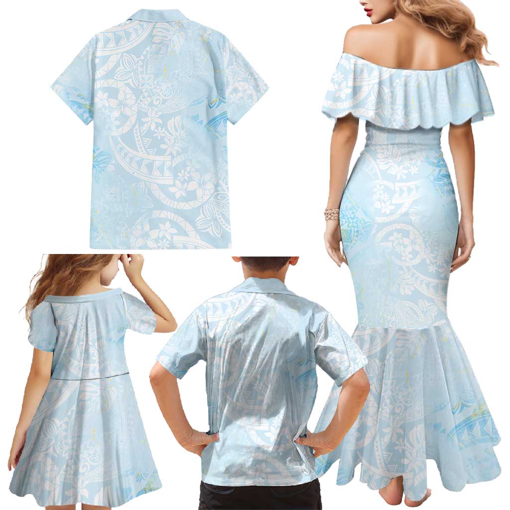 Polynesian Tiare Monstera Baby Blue Family Matching Mermaid Dress and Hawaiian Shirt Liquid Style LT01 - Polynesian Pride