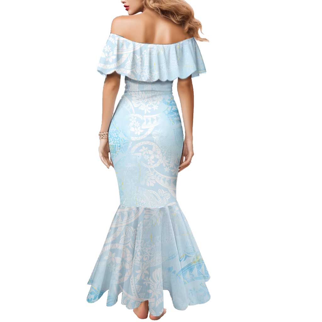 Polynesian Tiare Monstera Baby Blue Family Matching Mermaid Dress and Hawaiian Shirt Liquid Style LT01 - Polynesian Pride