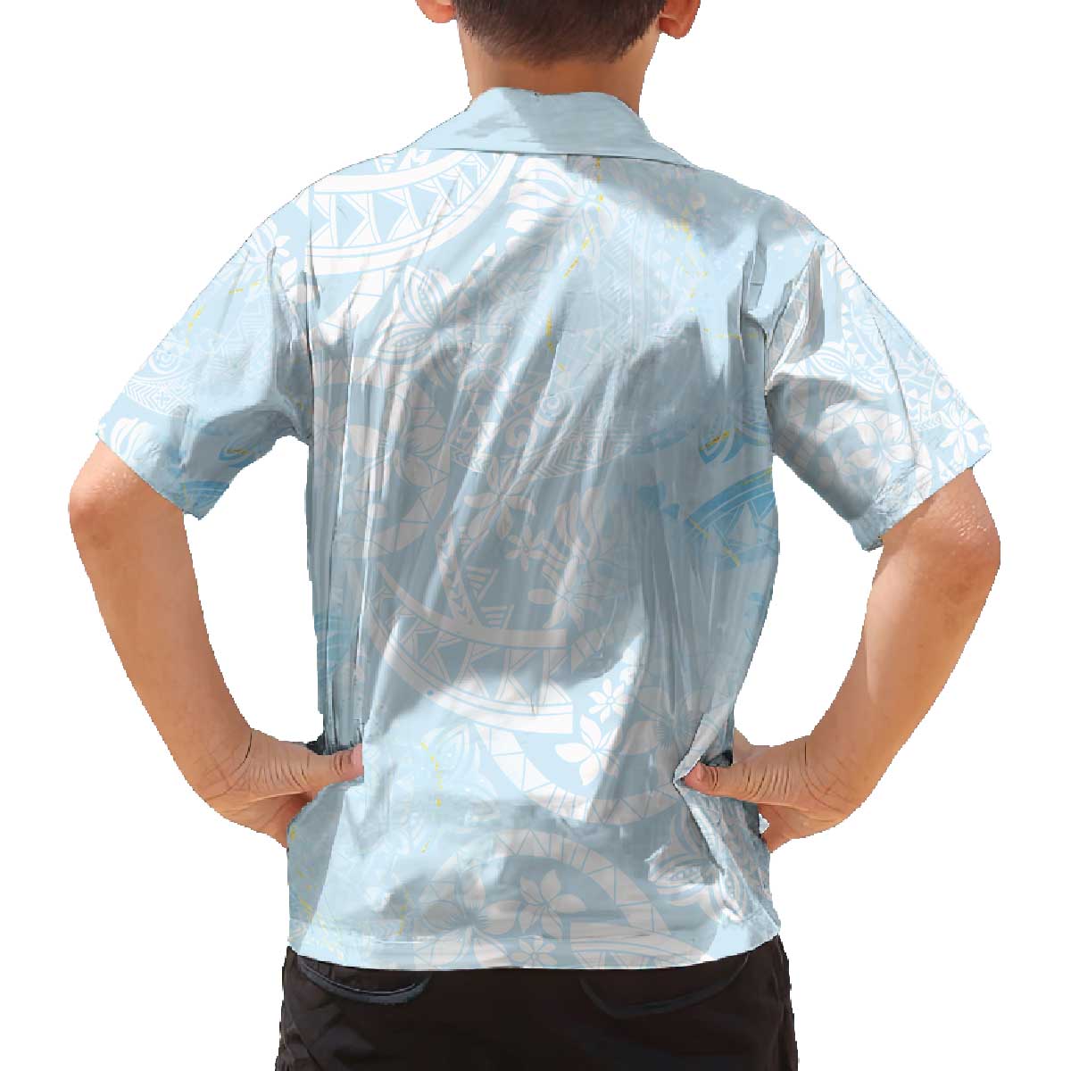 Polynesian Tiare Monstera Baby Blue Family Matching Off The Shoulder Long Sleeve Dress and Hawaiian Shirt Liquid Style LT01 - Polynesian Pride