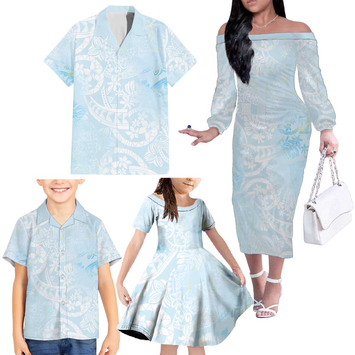 Polynesian Tiare Monstera Baby Blue Family Matching Off The Shoulder Long Sleeve Dress and Hawaiian Shirt Liquid Style LT01 - Polynesian Pride