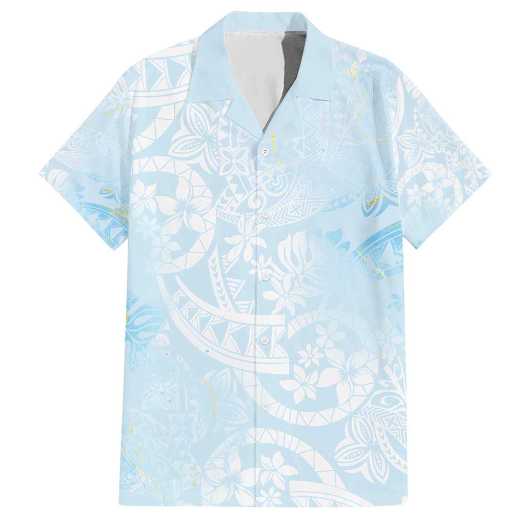 Polynesian Tiare Monstera Baby Blue Family Matching Off Shoulder Maxi Dress and Hawaiian Shirt Liquid Style - Polynesian Pride