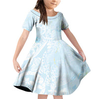 Polynesian Tiare Monstera Baby Blue Family Matching Off Shoulder Short Dress and Hawaiian Shirt Liquid Style LT01 Daughter's Dress Blue - Polynesian Pride