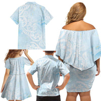 Polynesian Tiare Monstera Baby Blue Family Matching Off Shoulder Short Dress and Hawaiian Shirt Liquid Style LT01 - Polynesian Pride
