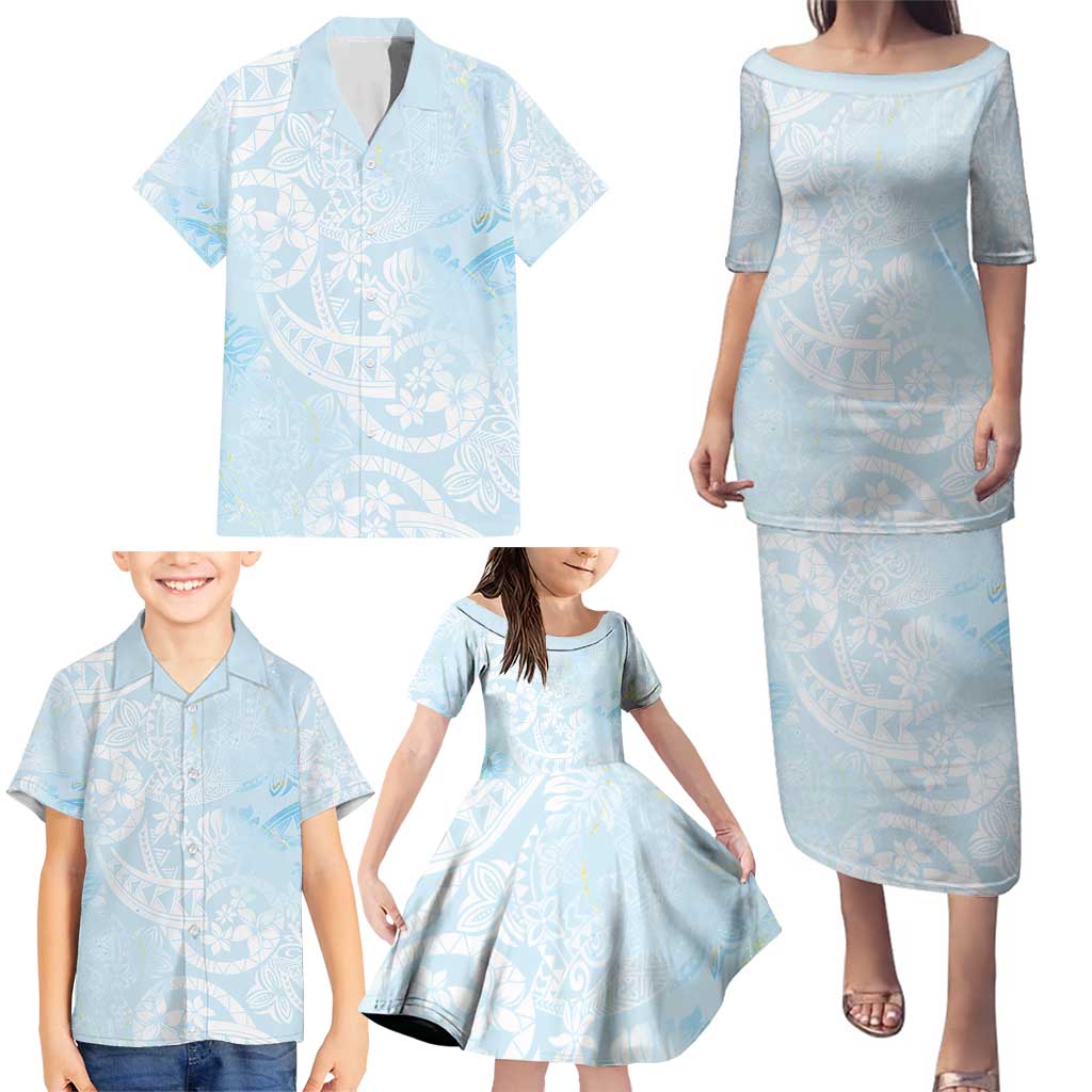 Polynesian Tiare Monstera Baby Blue Family Matching Puletasi and Hawaiian Shirt Liquid Style LT01 - Polynesian Pride