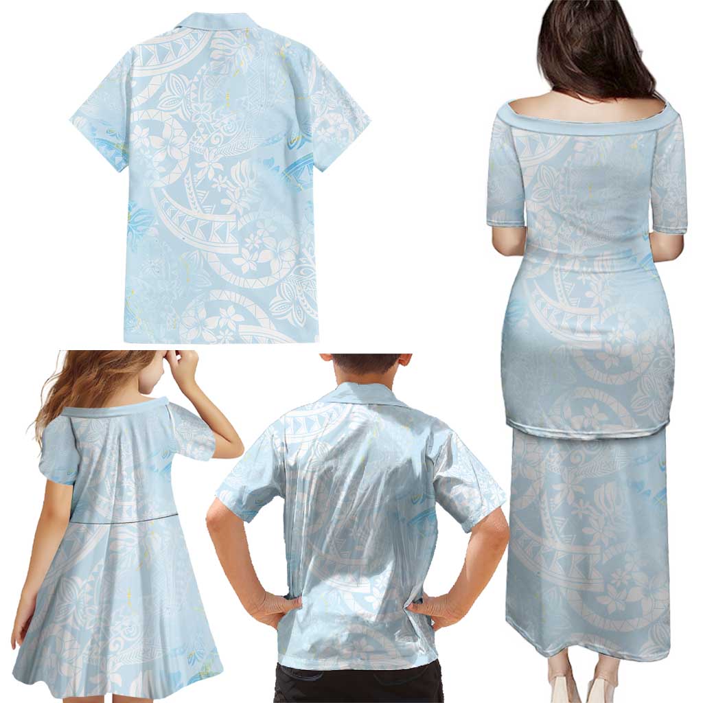 Polynesian Tiare Monstera Baby Blue Family Matching Puletasi and Hawaiian Shirt Liquid Style - Polynesian Pride