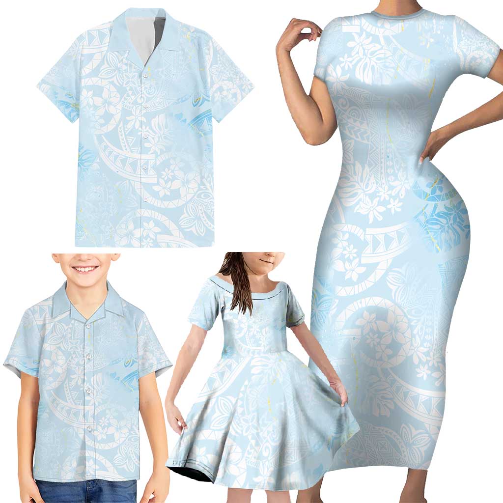 Polynesian Tiare Monstera Baby Blue Family Matching Short Sleeve Bodycon Dress and Hawaiian Shirt Liquid Style - Polynesian Pride