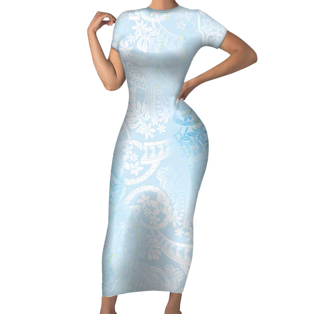 Polynesian Tiare Monstera Baby Blue Family Matching Short Sleeve Bodycon Dress and Hawaiian Shirt Liquid Style LT01 Mom's Dress Blue - Polynesian Pride