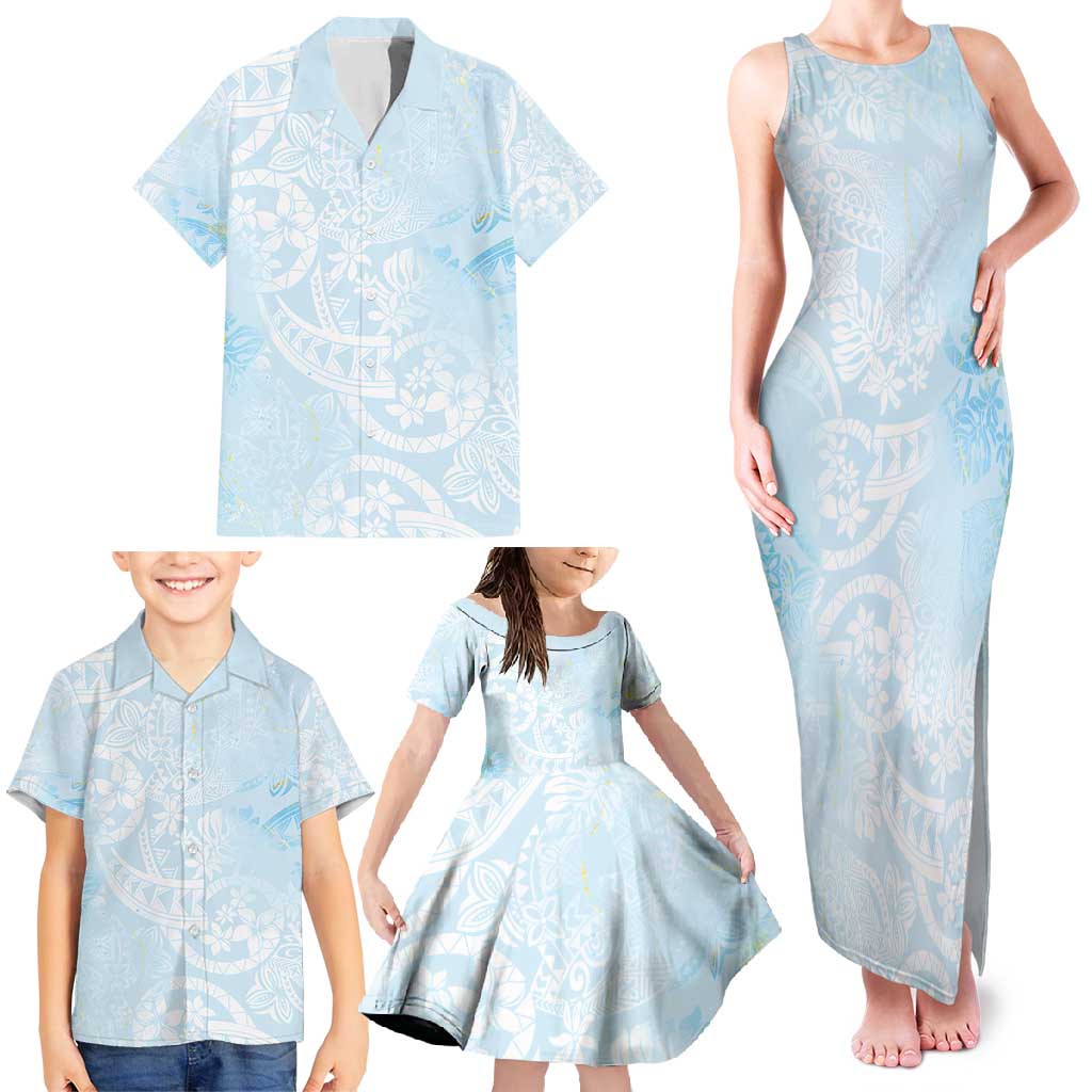 Polynesian Tiare Monstera Baby Blue Family Matching Tank Maxi Dress and Hawaiian Shirt Liquid Style LT01 - Polynesian Pride