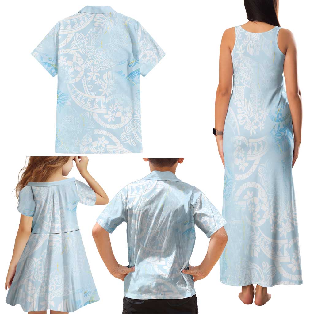 Polynesian Tiare Monstera Baby Blue Family Matching Tank Maxi Dress and Hawaiian Shirt Liquid Style LT01 - Polynesian Pride