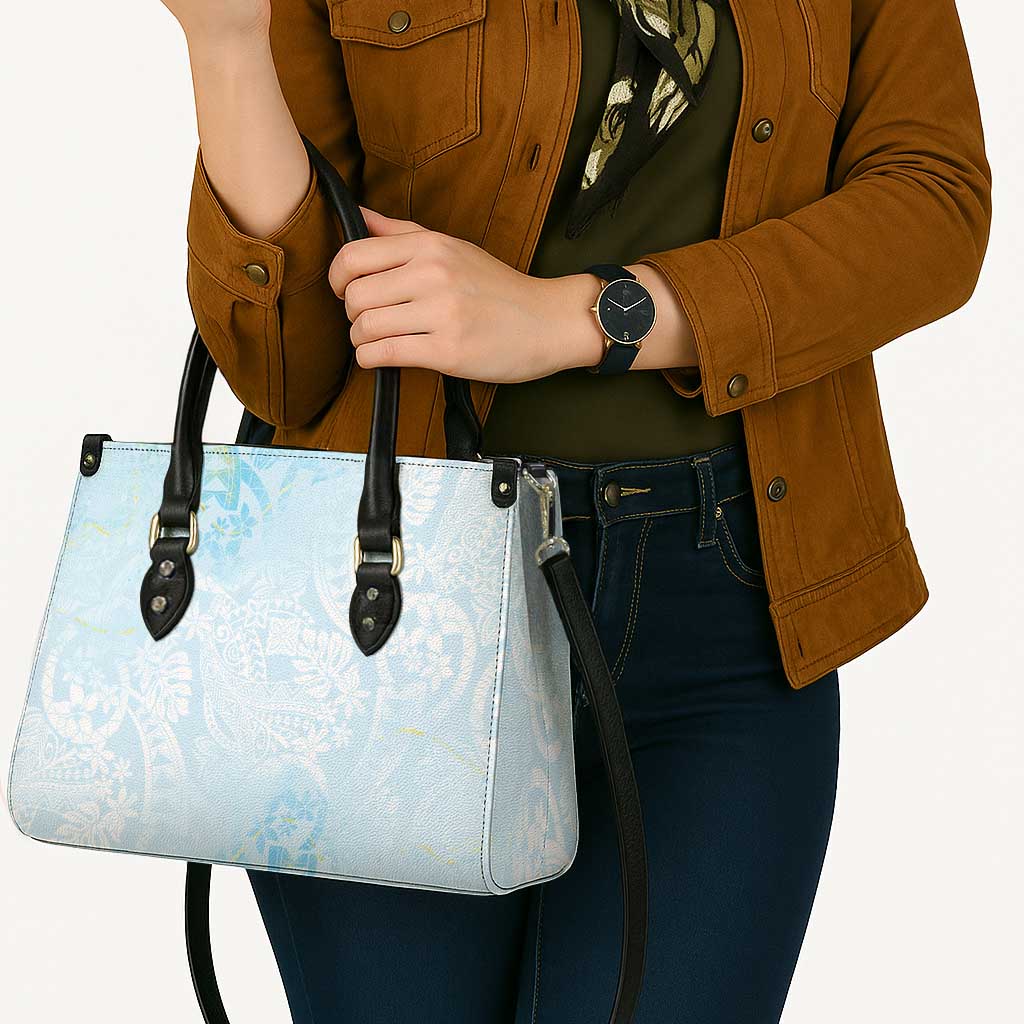 Polynesian Tiare Monstera Baby Blue Leather Bag Liquid Style - Polynesian Pride
