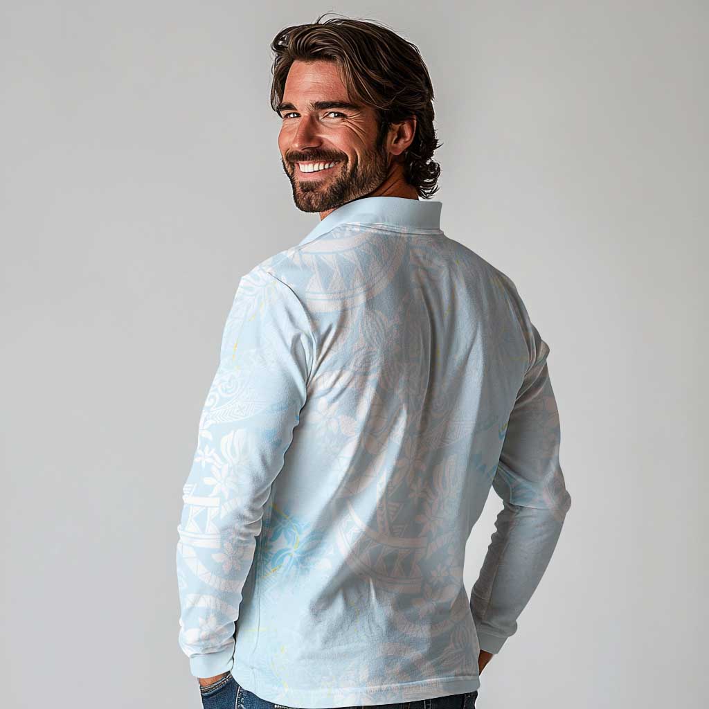 Polynesian Tiare Monstera Baby Blue Long Sleeve Polo Shirt Liquid Style - Polynesian Pride