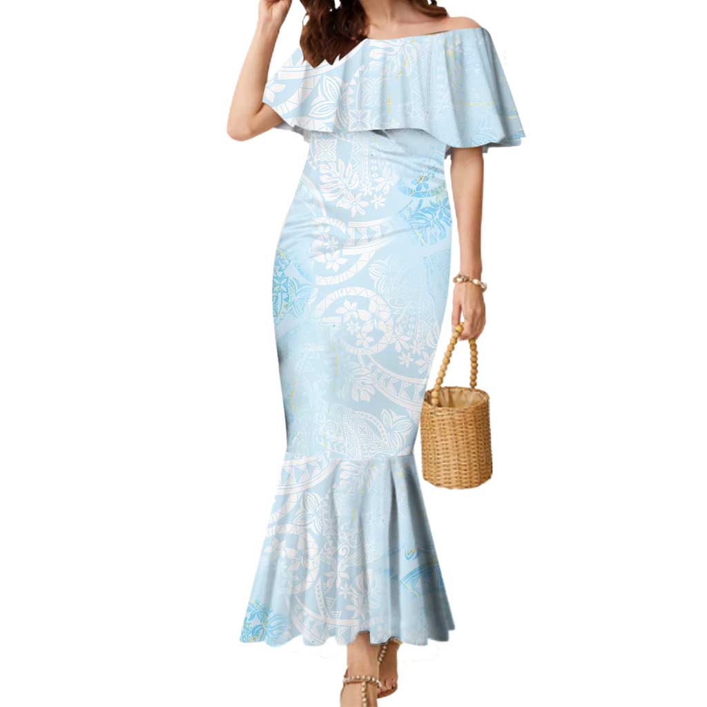 Polynesian Tiare Monstera Baby Blue Mermaid Dress Liquid Style LT01 Women Blue - Polynesian Pride