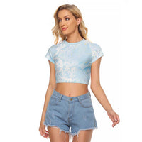 Polynesian Tiare Monstera Baby Blue Raglan Cropped T Shirt Liquid Style - Polynesian Pride