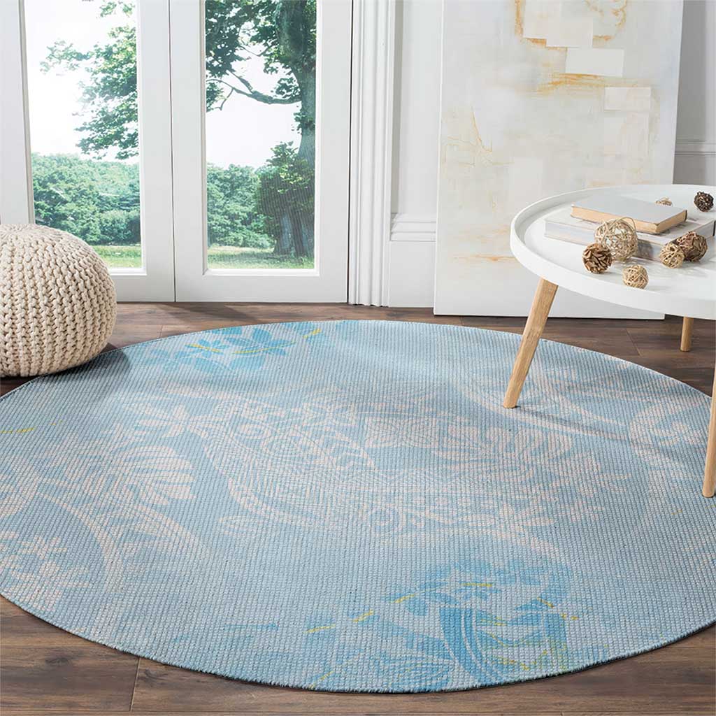 Polynesian Tiare Monstera Baby Blue Round Carpet Liquid Style - Polynesian Pride
