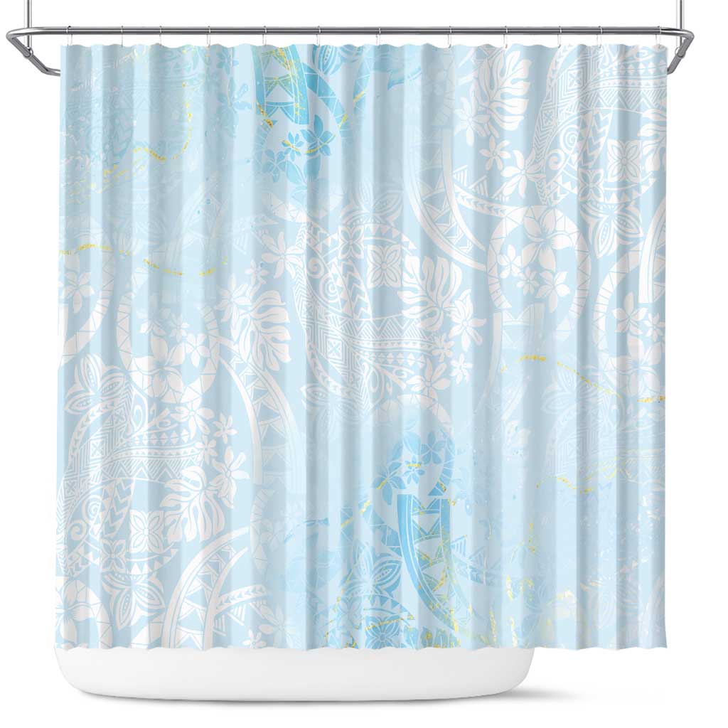 Polynesian Tiare Monstera Baby Blue Shower Curtain Liquid Style LT01 Blue - Polynesian Pride
