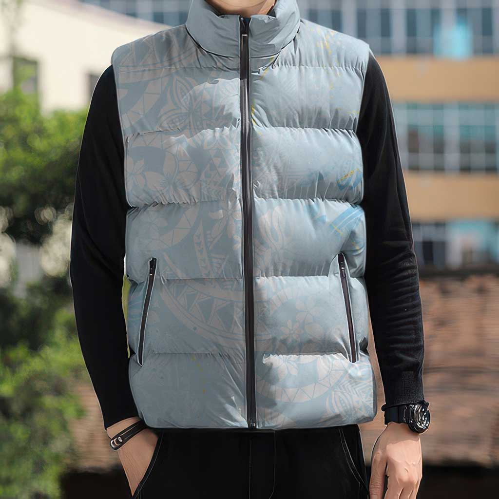 Polynesian Tiare Monstera Baby Blue Sleeveless Puffer Jacket Liquid Style - Polynesian Pride
