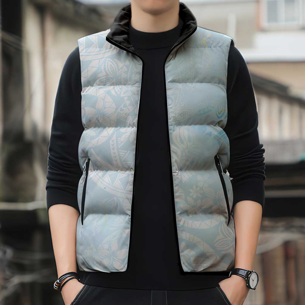 Polynesian Tiare Monstera Baby Blue Sleeveless Puffer Jacket Liquid Style - Polynesian Pride