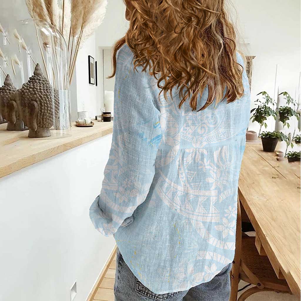 Polynesian Tiare Monstera Baby Blue Women Casual Shirt Liquid Style - Polynesian Pride
