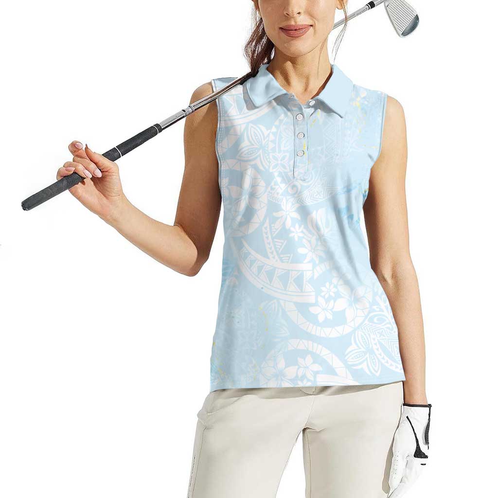 Polynesian Tiare Monstera Baby Blue Women Sleeveless Polo Shirt Liquid Style - Polynesian Pride