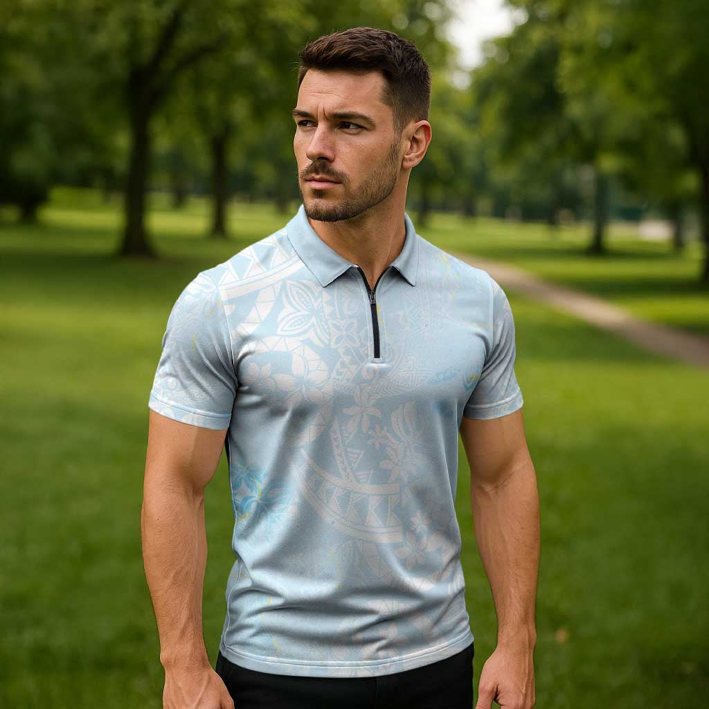 Polynesian Tiare Monstera Baby Blue Zipper Polo Shirt Liquid Style - Polynesian Pride