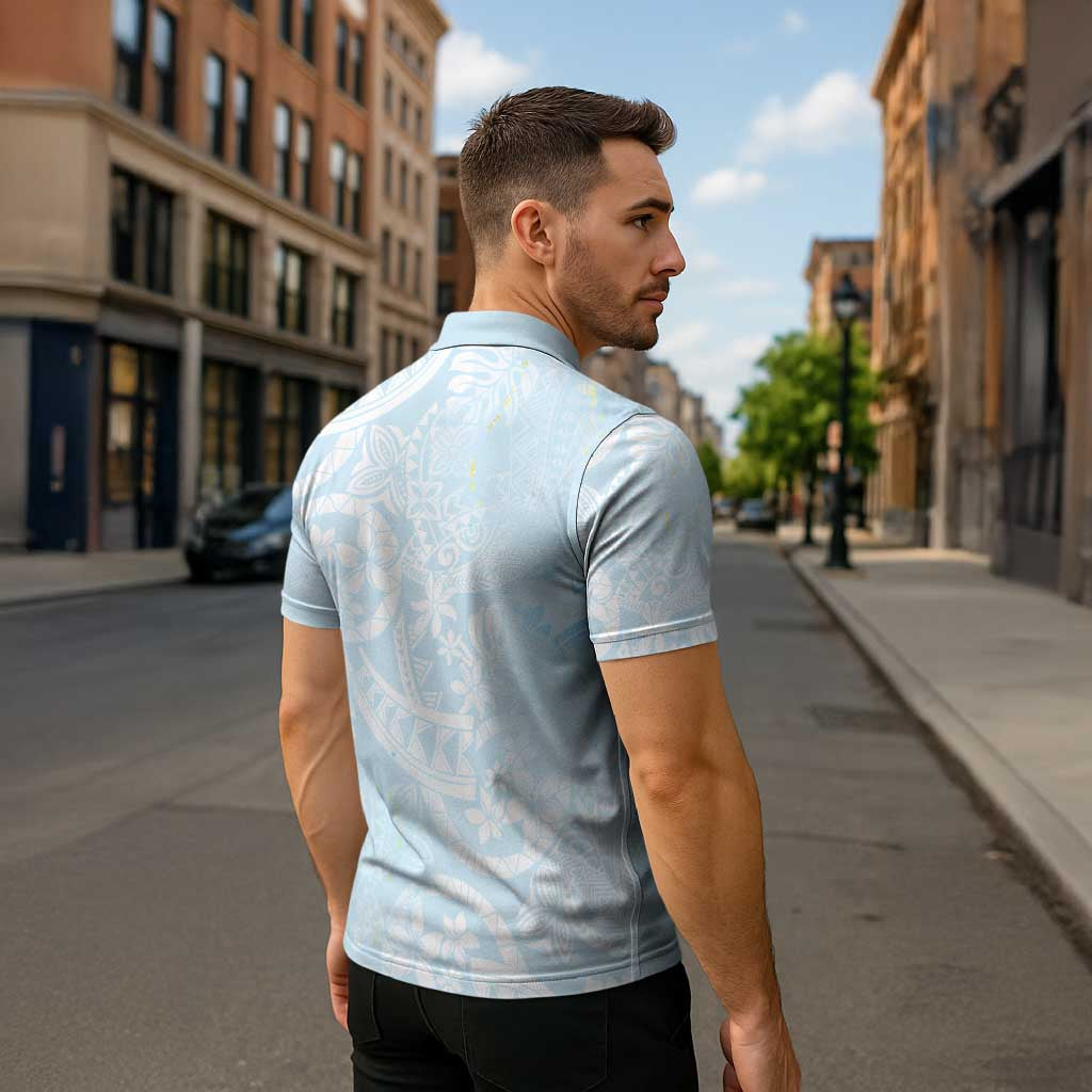 Polynesian Tiare Monstera Baby Blue Zipper Polo Shirt Liquid Style - Polynesian Pride