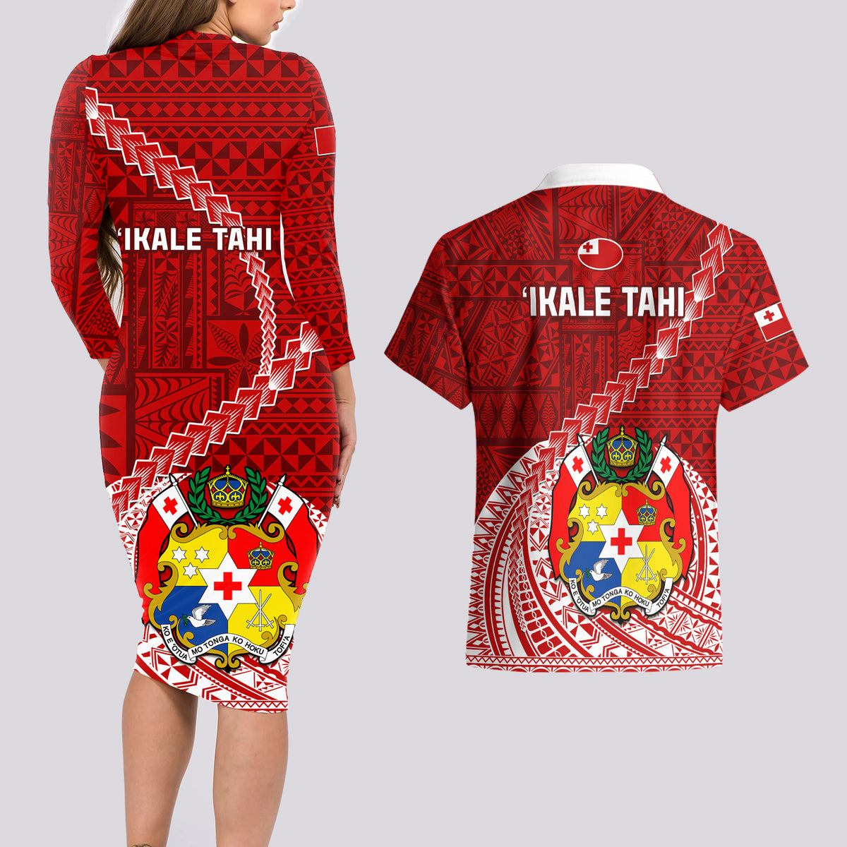 Tonga Rugby Couples Matching Long Sleeve Bodycon Dress and Hawaiian Shirt Tongan Ngatu Pattern White Version LT01 - Polynesian Pride