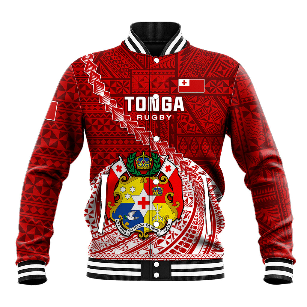 Custom Tonga Rugby Baseball Jacket Tongan Ngatu Pattern White Version LT01 Unisex Red - Polynesian Pride