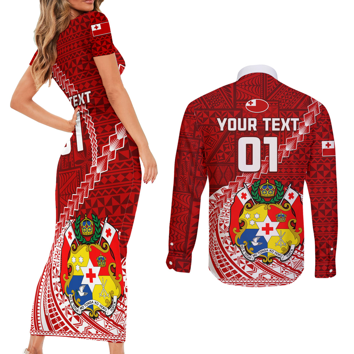 Custom Tonga Rugby Couples Matching Short Sleeve Bodycon Dress and Long Sleeve Button Shirts Tongan Ngatu Pattern White Version LT01 - Polynesian Pride