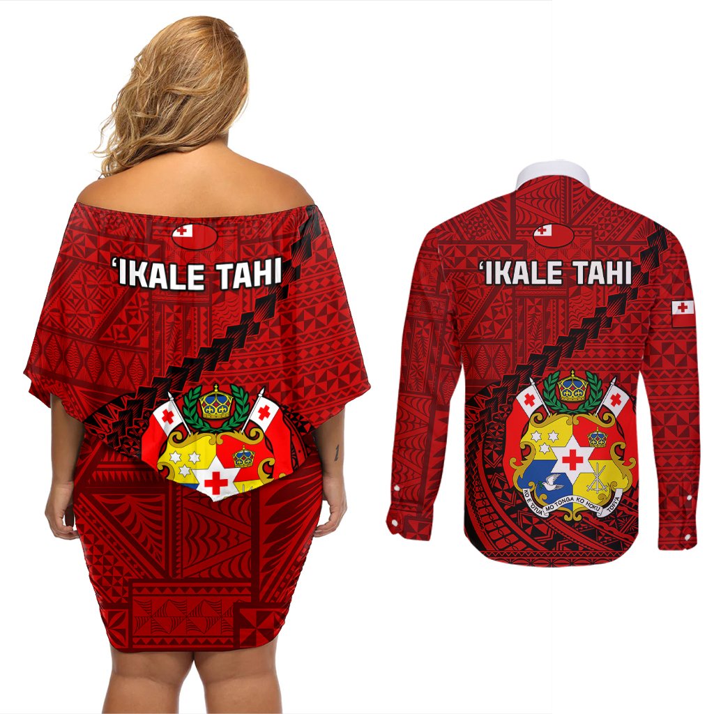 Tonga Rugby Couples Matching Off Shoulder Short Dress and Long Sleeve Button Shirts Tongan Ngatu Pattern Black Version LT01 - Polynesian Pride