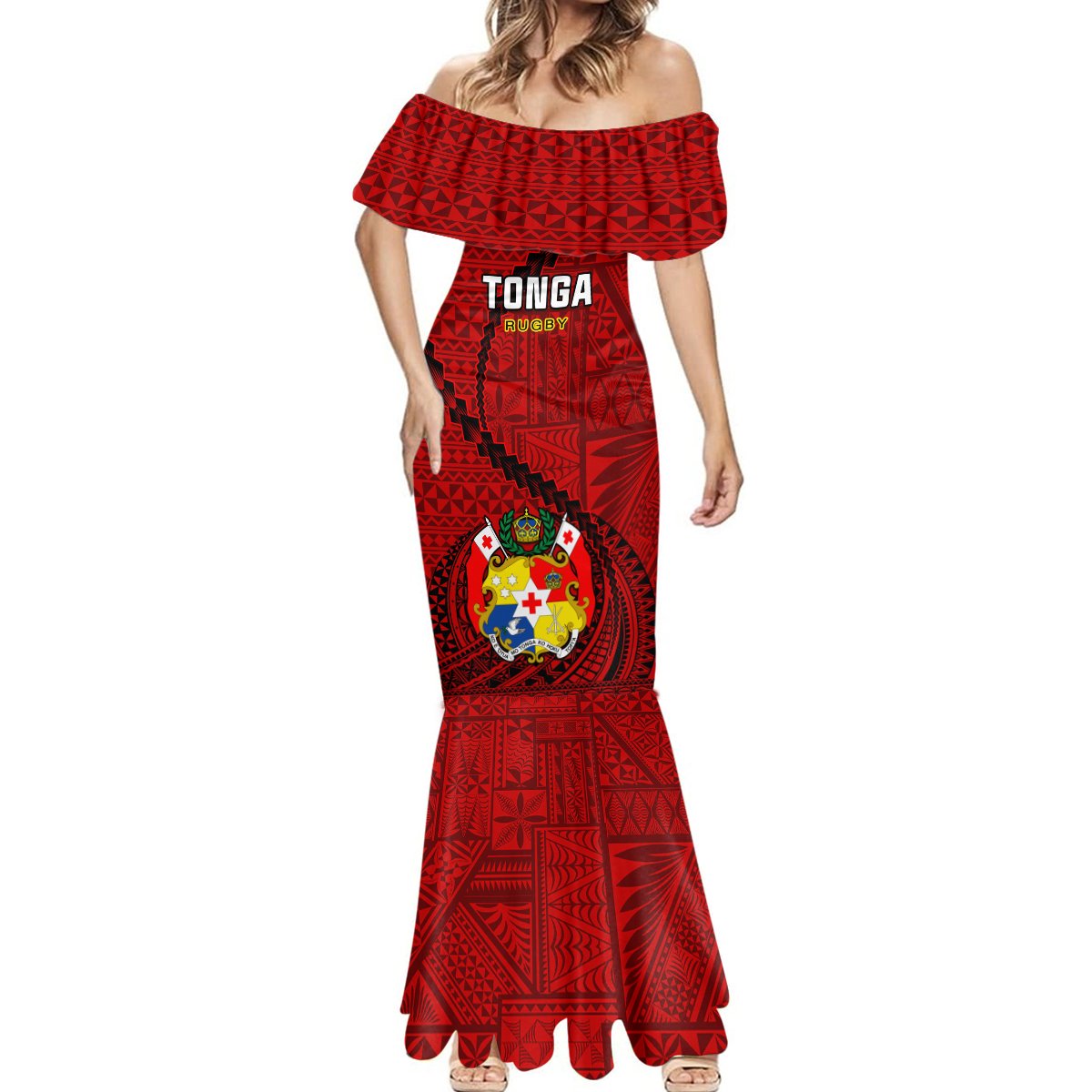 Tonga Rugby Mermaid Dress Tongan Ngatu Pattern Black Version LT01 - Polynesian Pride