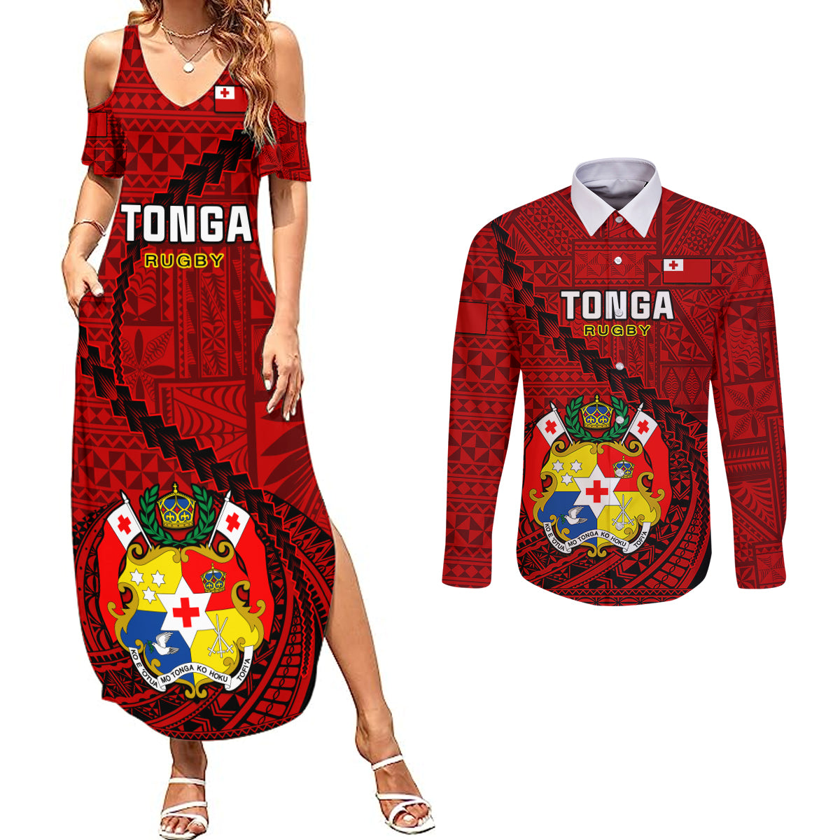 Custom Tonga Rugby Couples Matching Summer Maxi Dress and Long Sleeve Button Shirts Tongan Ngatu Pattern Black Version LT01 Red - Polynesian Pride