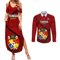 Custom Tonga Rugby Couples Matching Summer Maxi Dress and Long Sleeve Button Shirts Tongan Ngatu Pattern Black Version LT01 Red - Polynesian Pride