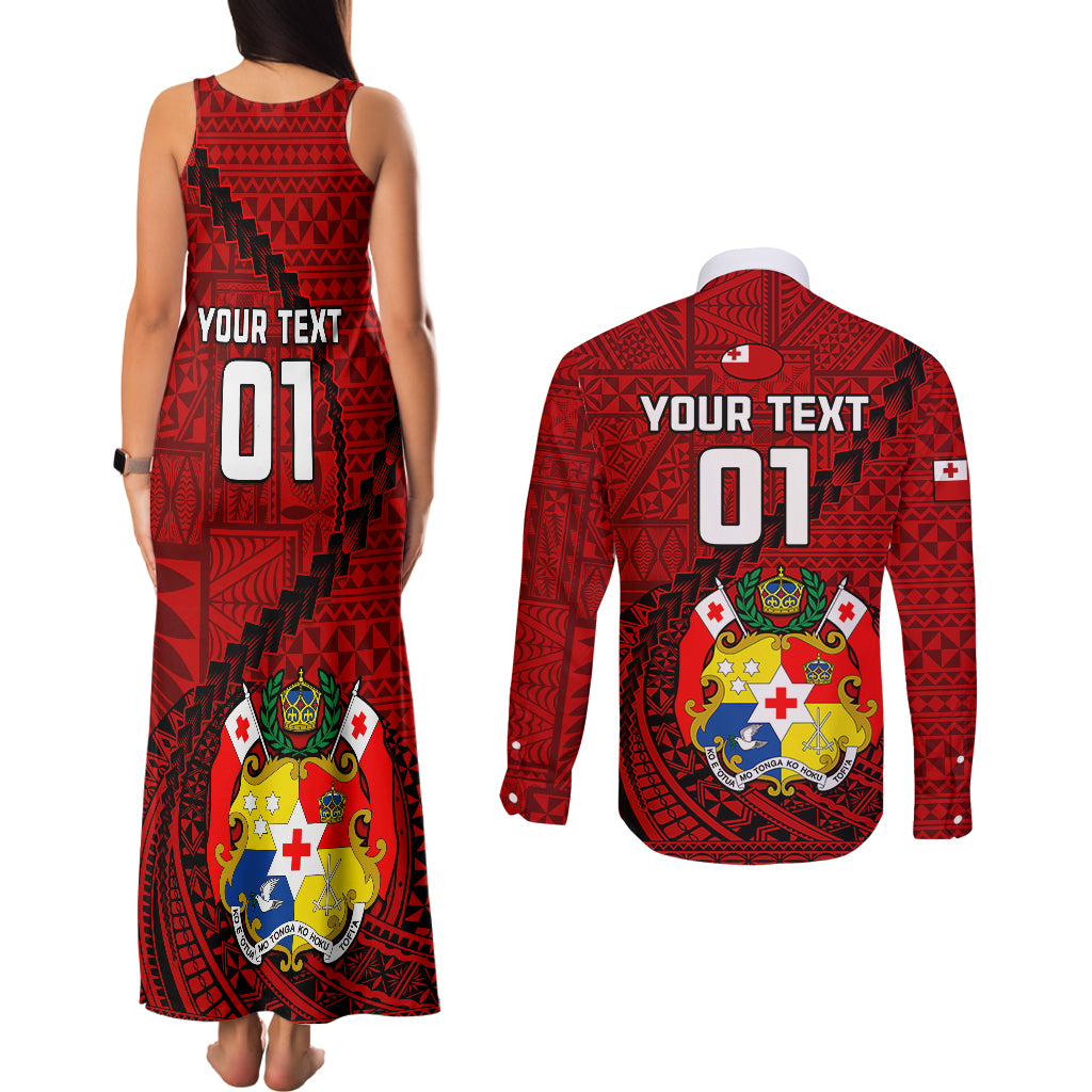 Custom Tonga Rugby Couples Matching Tank Maxi Dress and Long Sleeve Button Shirts Tongan Ngatu Pattern Black Version LT01 - Polynesian Pride