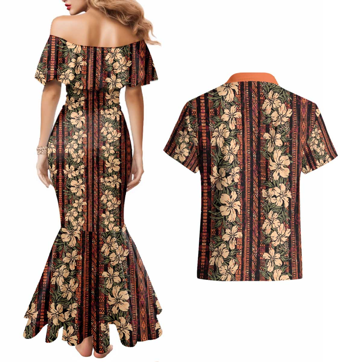 Hawaii Hibiscus Couples Matching Mermaid Dress and Hawaiian Shirt Retro Style - Polynesian Pride
