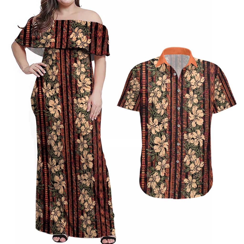 Hawaii Hibiscus Couples Matching Off Shoulder Maxi Dress and Hawaiian Shirt Retro Style LT01 Brown - Polynesian Pride
