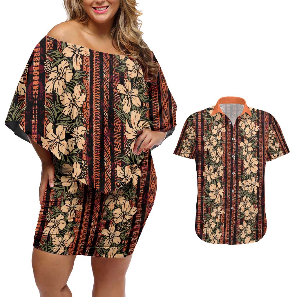 Hawaii Hibiscus Couples Matching Off Shoulder Short Dress and Hawaiian Shirt Retro Style LT01 Brown - Polynesian Pride