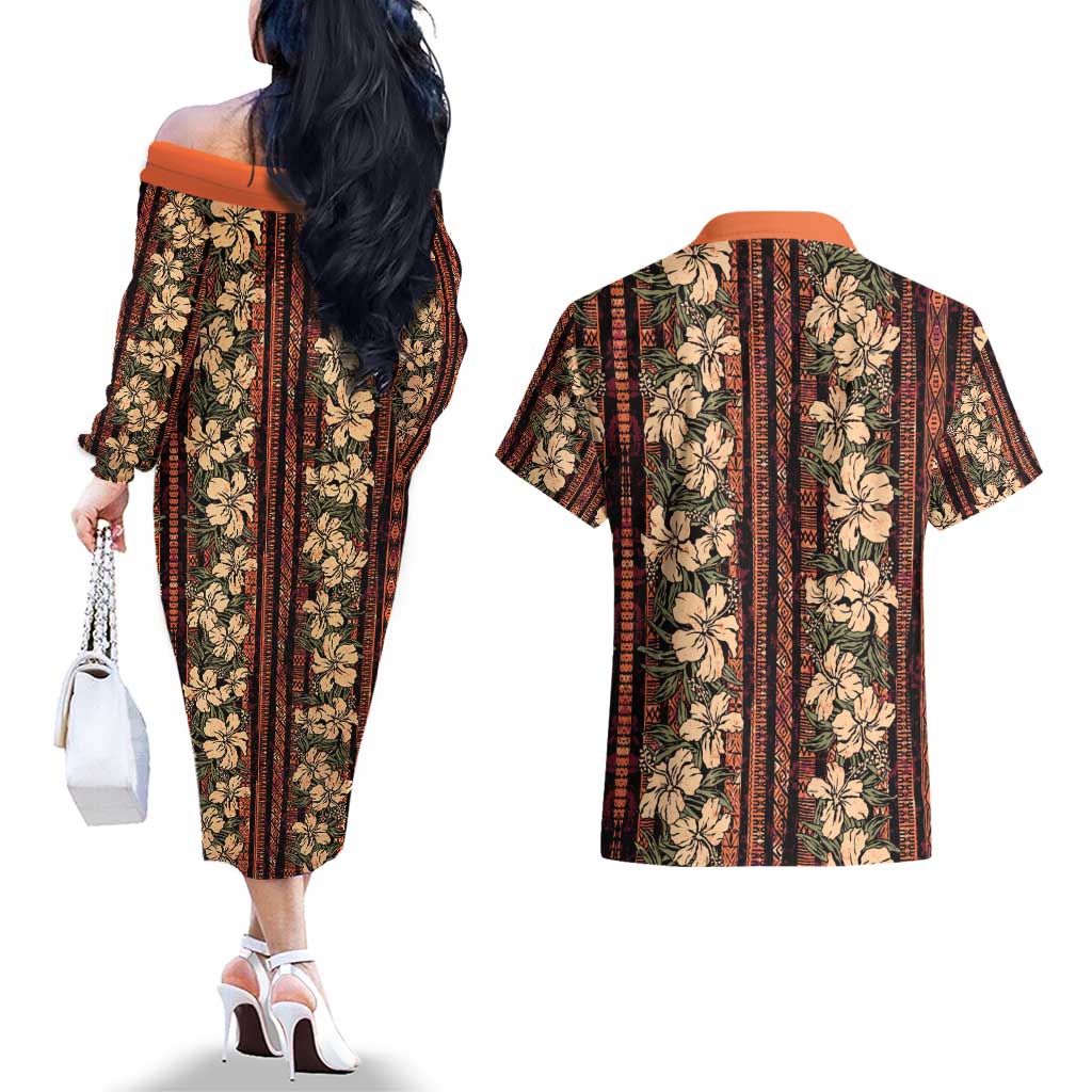 Hawaii Hibiscus Couples Matching Off The Shoulder Long Sleeve Dress and Hawaiian Shirt Retro Style - Polynesian Pride