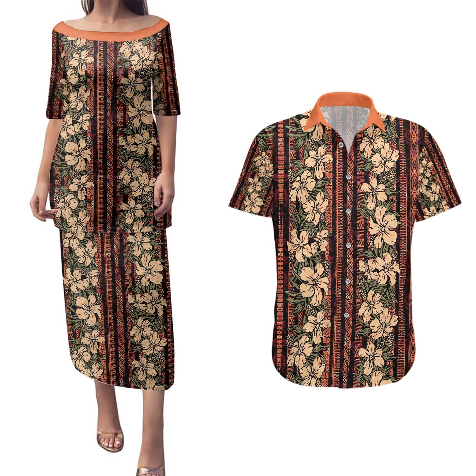 Hawaii Hibiscus Couples Matching Puletasi and Hawaiian Shirt Retro Style LT01 Brown - Polynesian Pride