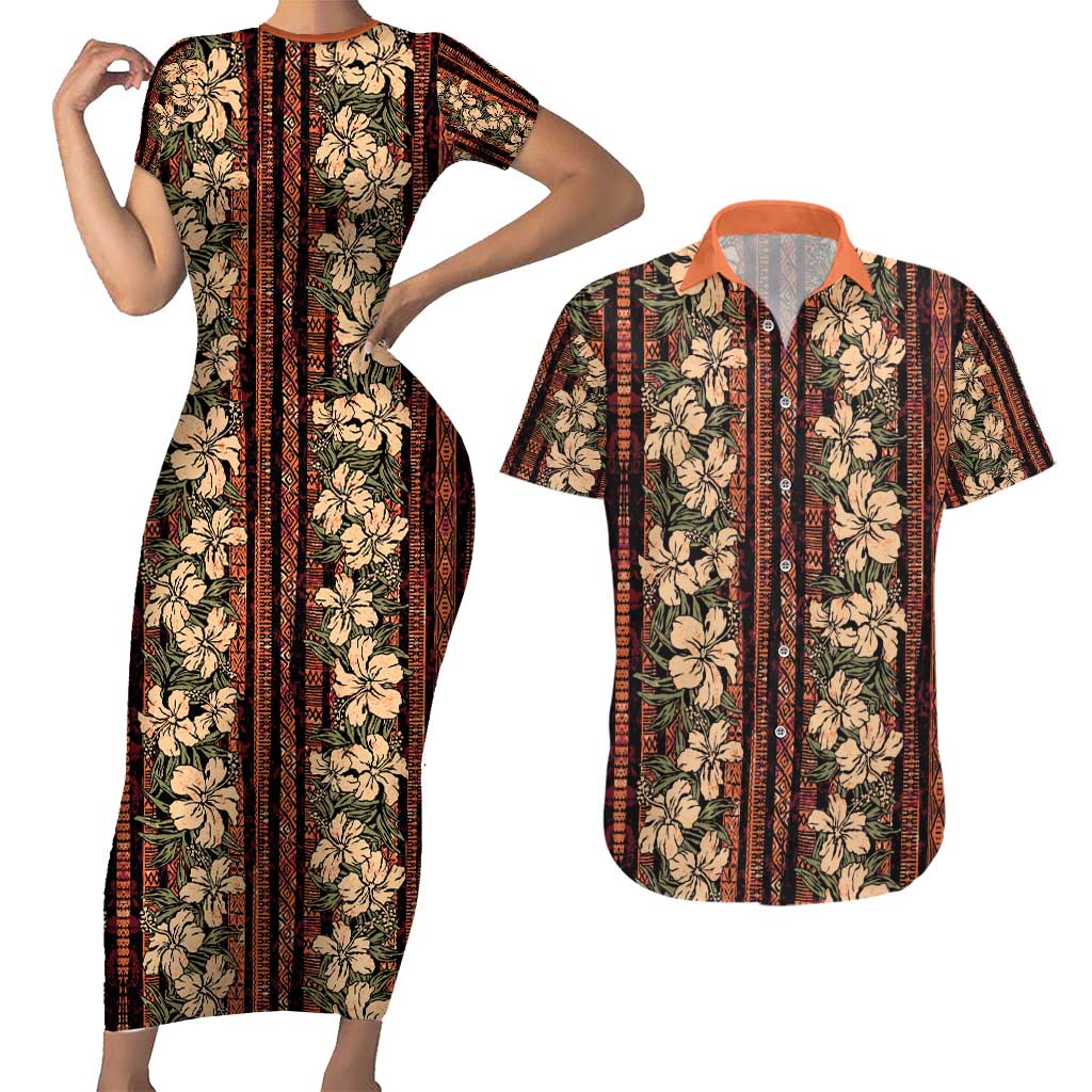 Hawaii Hibiscus Couples Matching Short Sleeve Bodycon Dress and Hawaiian Shirt Retro Style LT01 Brown - Polynesian Pride