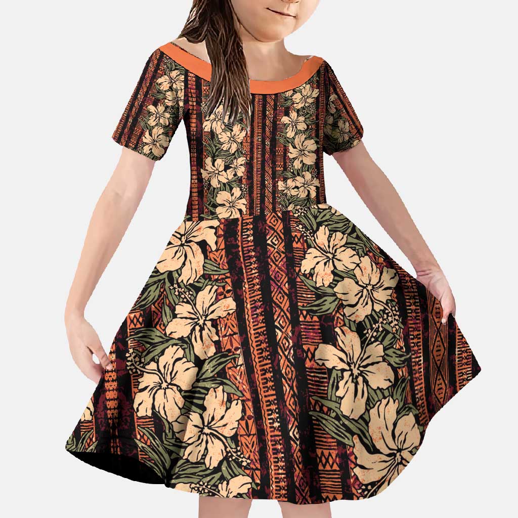 Hawaii Hibiscus Family Matching Off Shoulder Maxi Dress and Hawaiian Shirt Retro Style LT01 Daughter's Dress Brown - Polynesian Pride