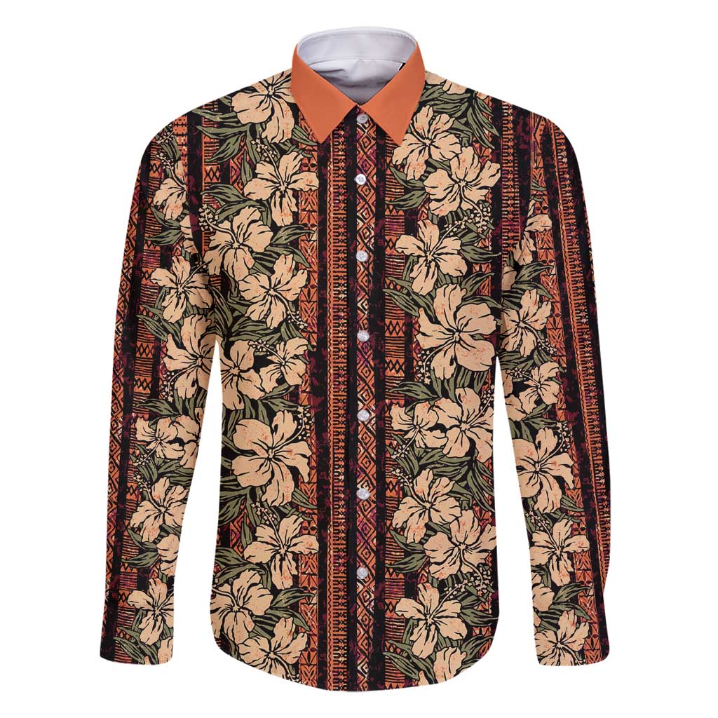 Hawaii Hibiscus Family Matching Off Shoulder Maxi Dress and Hawaiian Shirt Retro Style LT01 Dad's Shirt - Long Sleeve Brown - Polynesian Pride