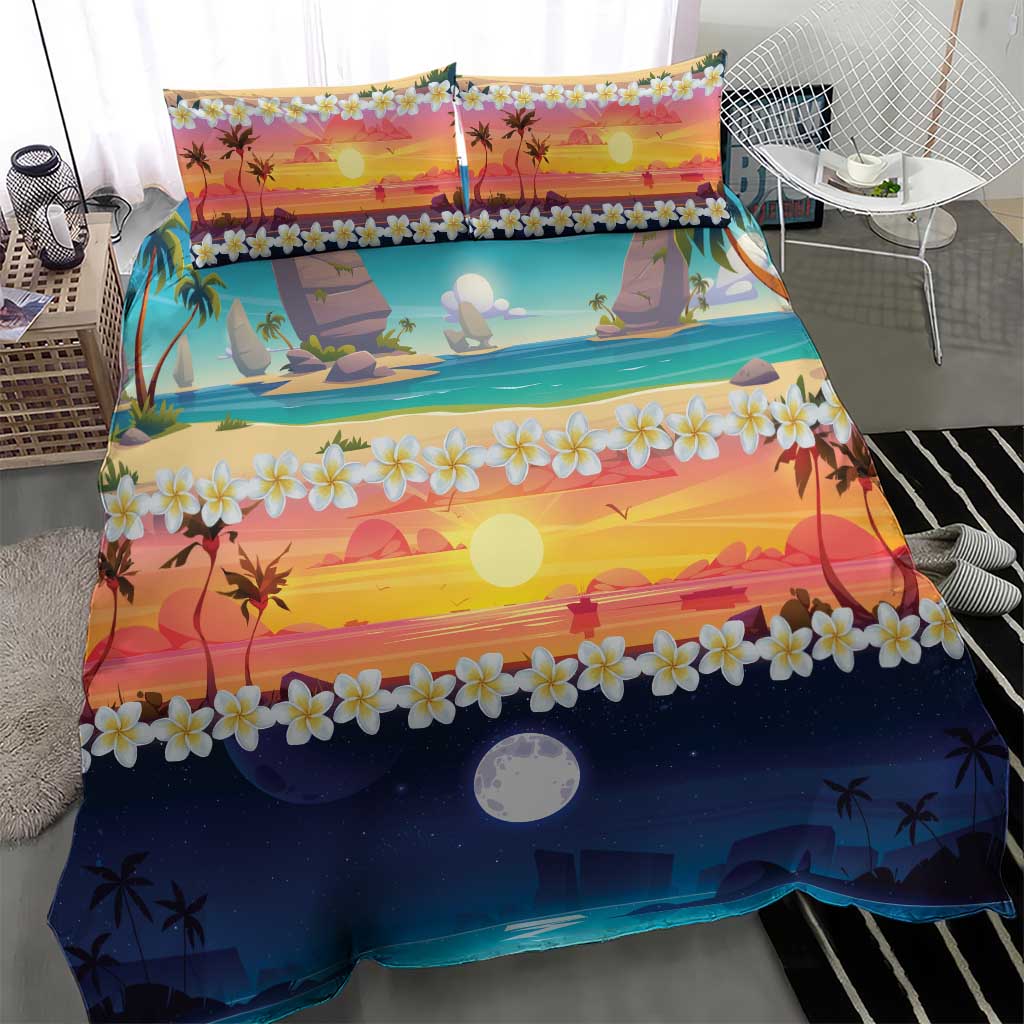 Hawaii Beach Landscape Time-Lapse Bedding Set Tropical Plumeria Flowers - Polynesian Pride