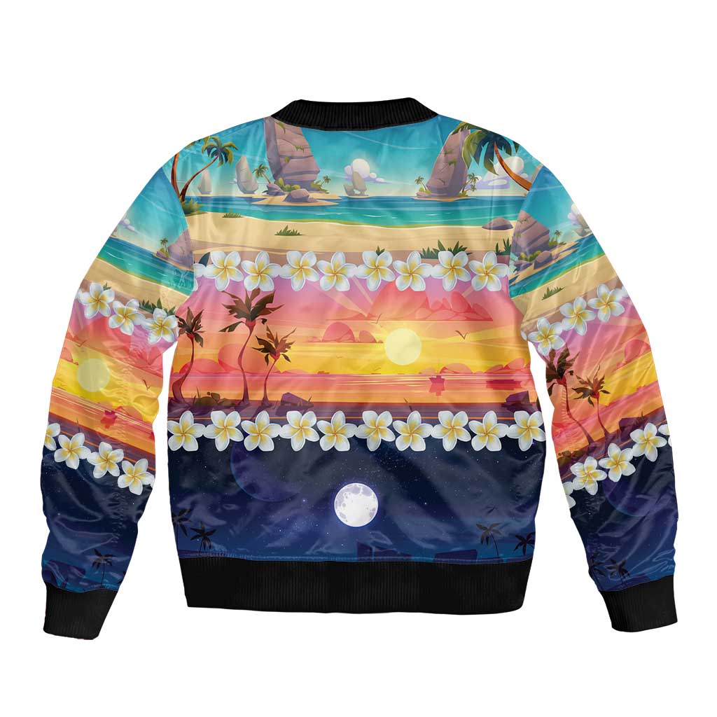 Hawaii Beach Landscape Time-Lapse Bomber Jacket Tropical Plumeria Flowers - Polynesian Pride